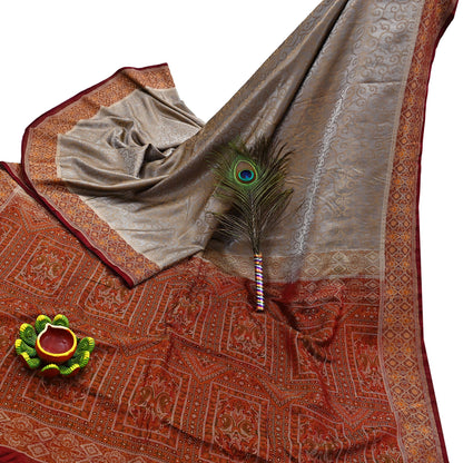 Vintage Gray & Maroon Banarasi Silk Saree Pure Satin Silk Handwoven Tanchoi Fabric with Paisley Weave 5 Yard Dressmaking Craft Material