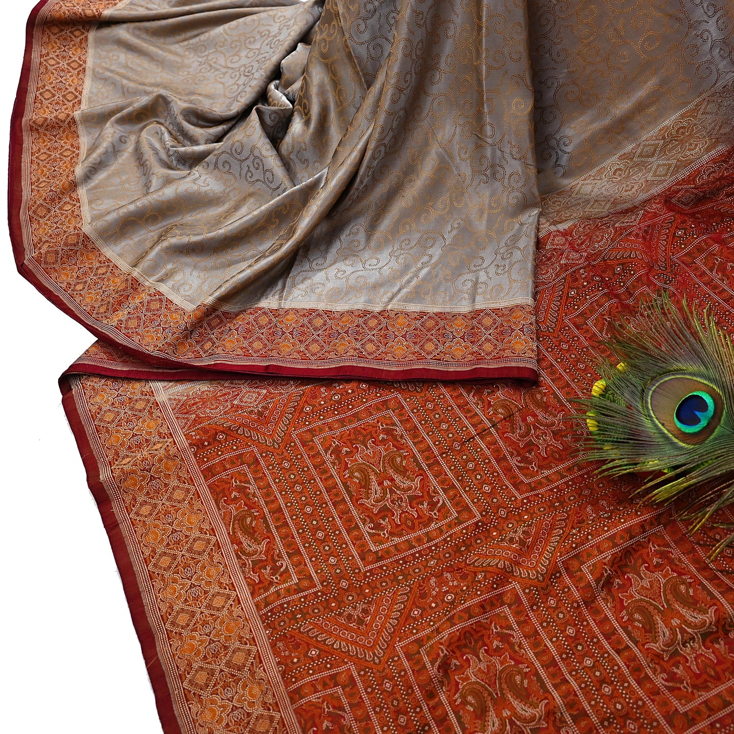 Vintage Gray & Maroon Banarasi Silk Saree Pure Satin Silk Handwoven Tanchoi Fabric with Paisley Weave 5 Yard Dressmaking Craft Material