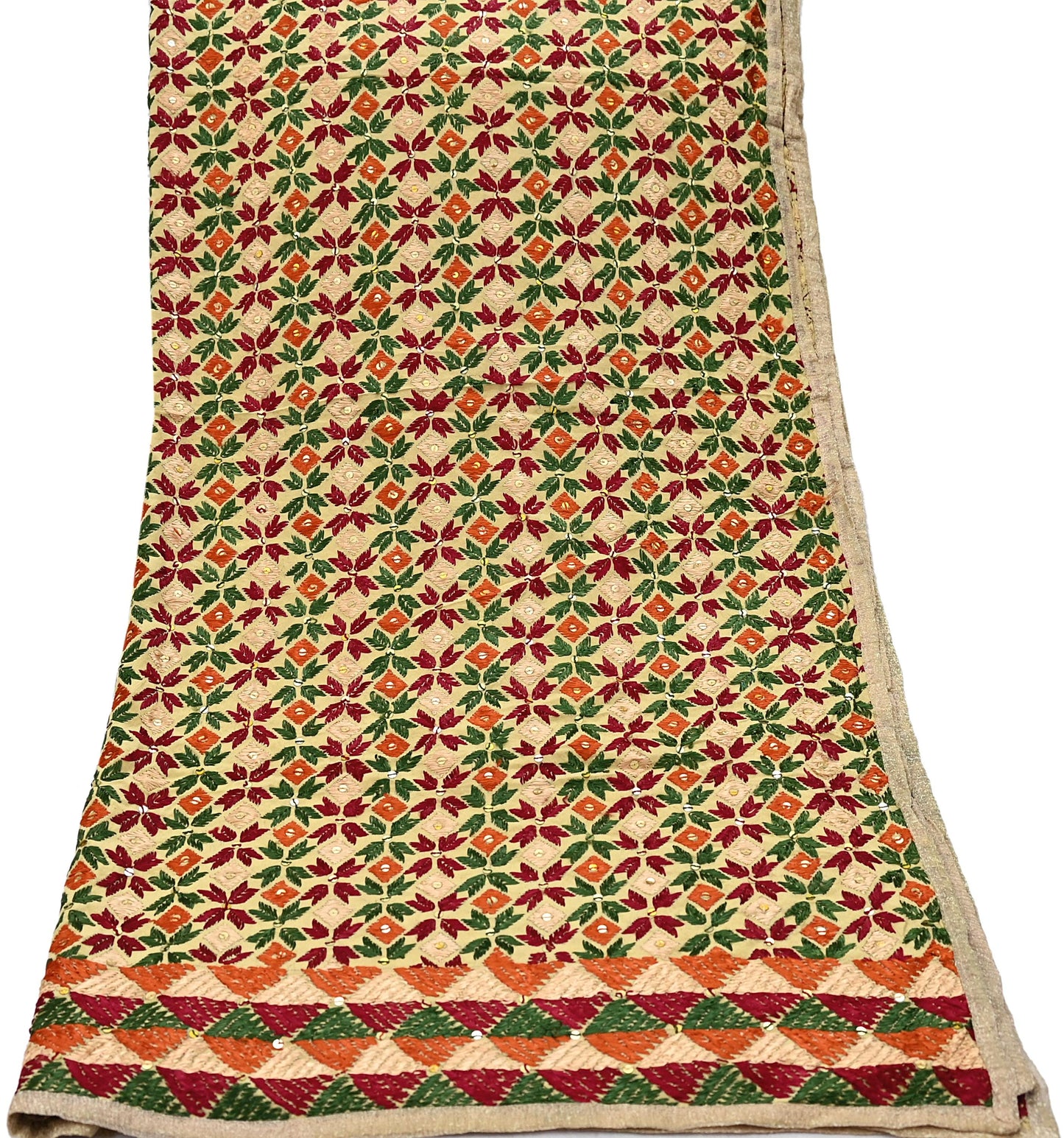 Indian Vintage Beige Heavy Wedding Dupatta Long Stole Crepe Silk Hand Embroidered Bagh Phulkari Stole Scarves