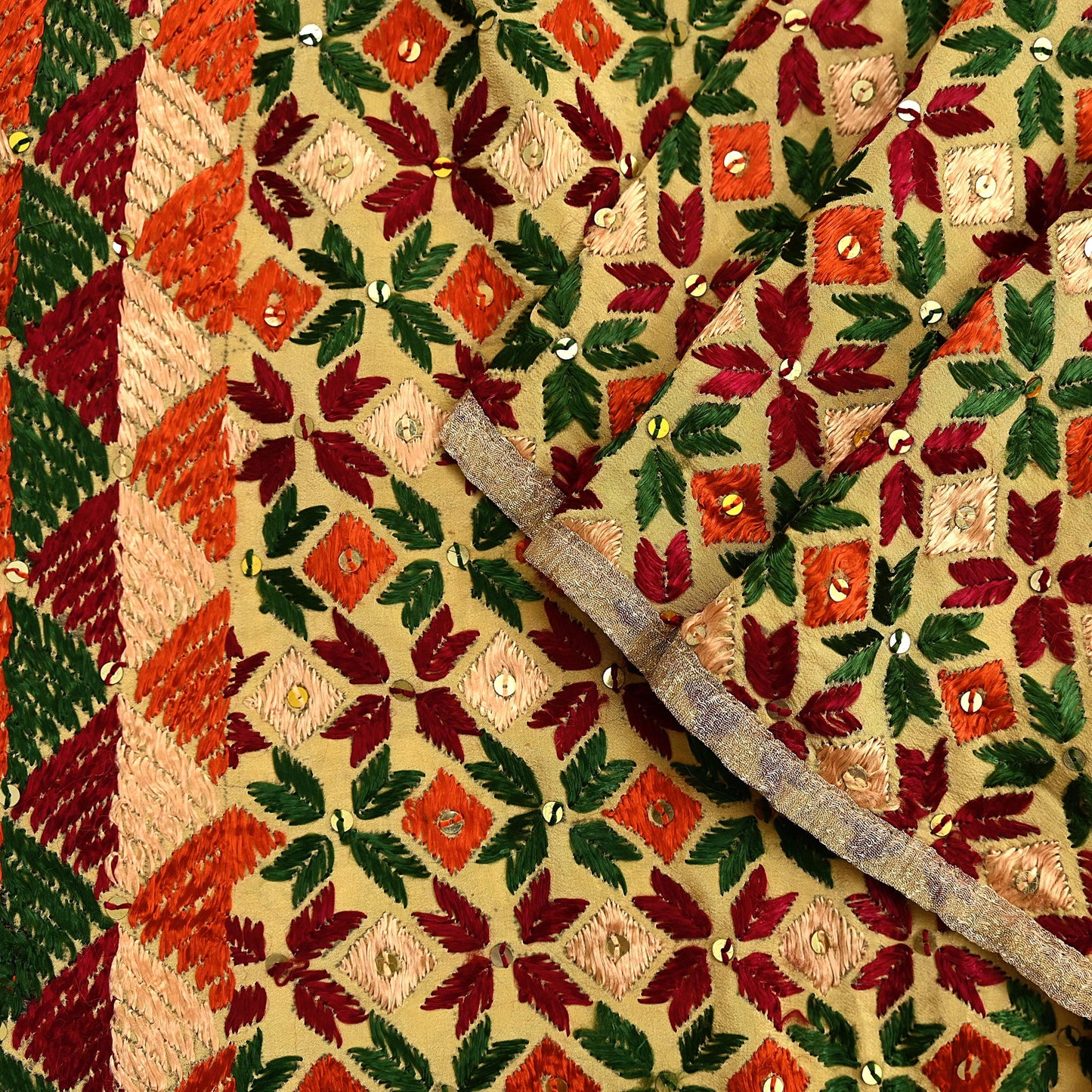 Indian Vintage Beige Heavy Wedding Dupatta Long Stole Crepe Silk Hand Embroidered Bagh Phulkari Stole Scarves