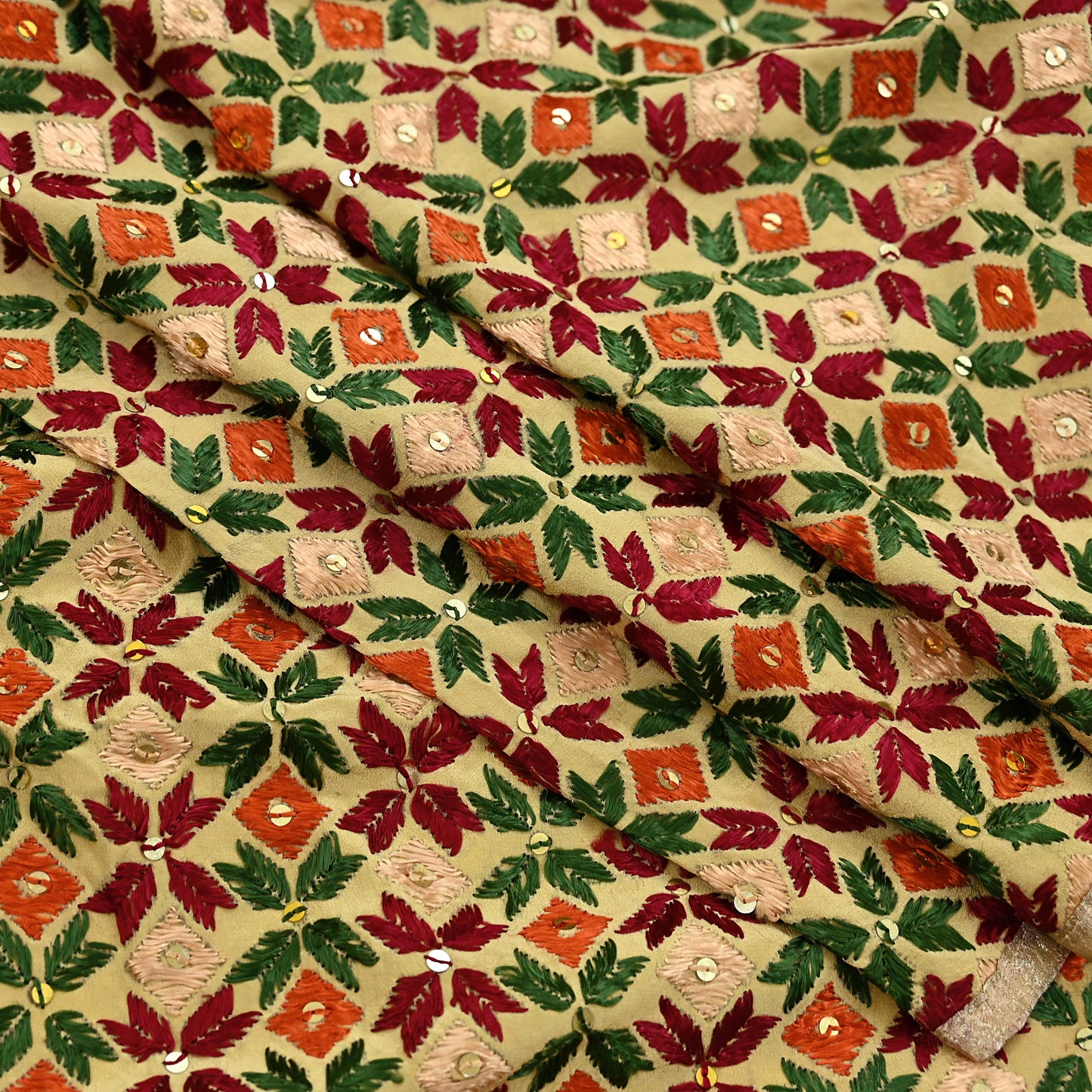 Indian Vintage Beige Heavy Wedding Dupatta Long Stole Crepe Silk Hand Embroidered Bagh Phulkari Stole Scarves