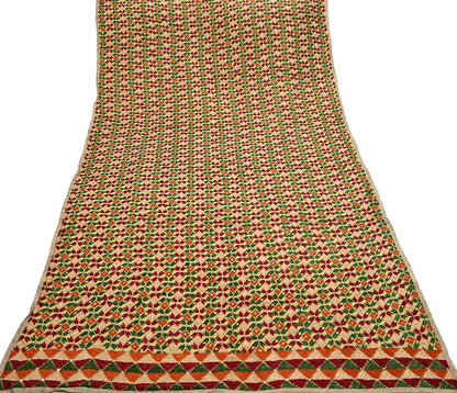 Indian Vintage Beige Heavy Wedding Dupatta Long Stole Crepe Silk Hand Embroidered Bagh Phulkari Stole Scarves