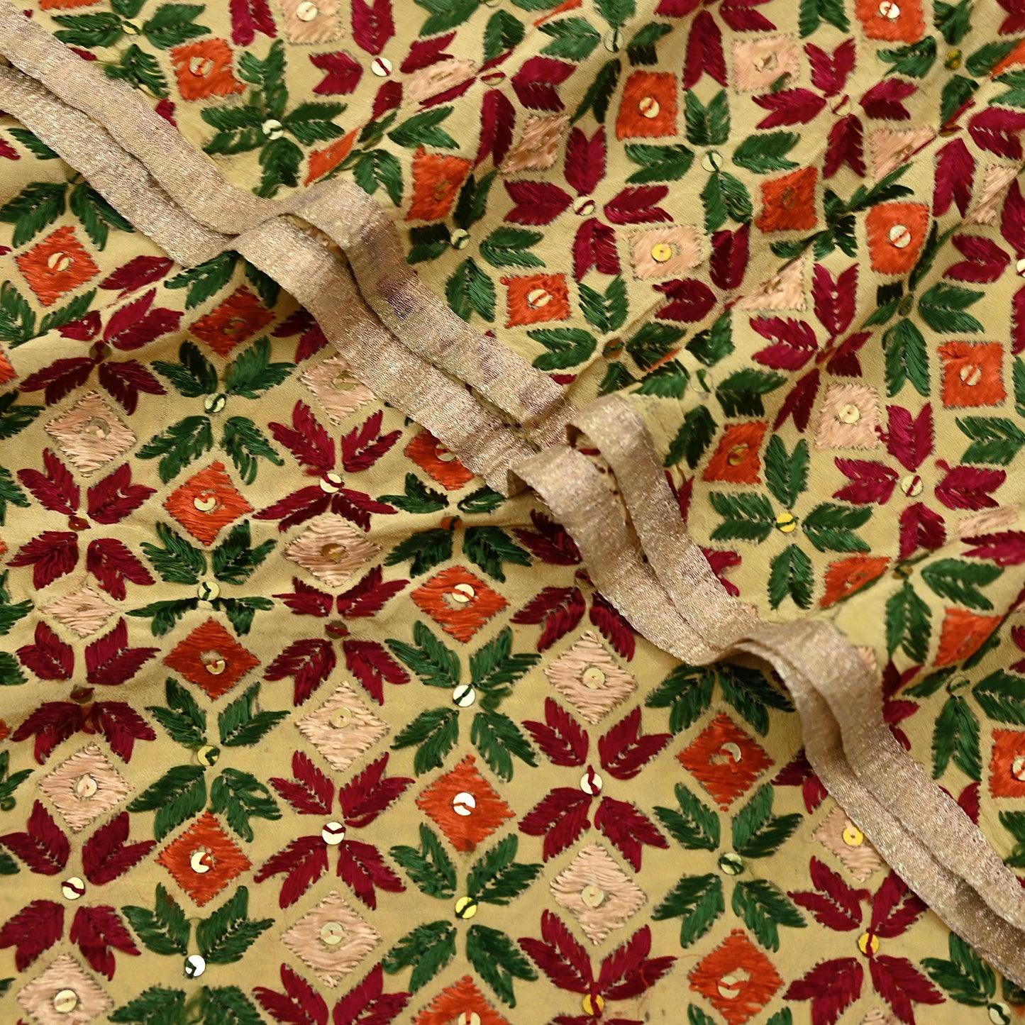 Indian Vintage Beige Heavy Wedding Dupatta Long Stole Crepe Silk Hand Embroidered Bagh Phulkari Stole Scarves