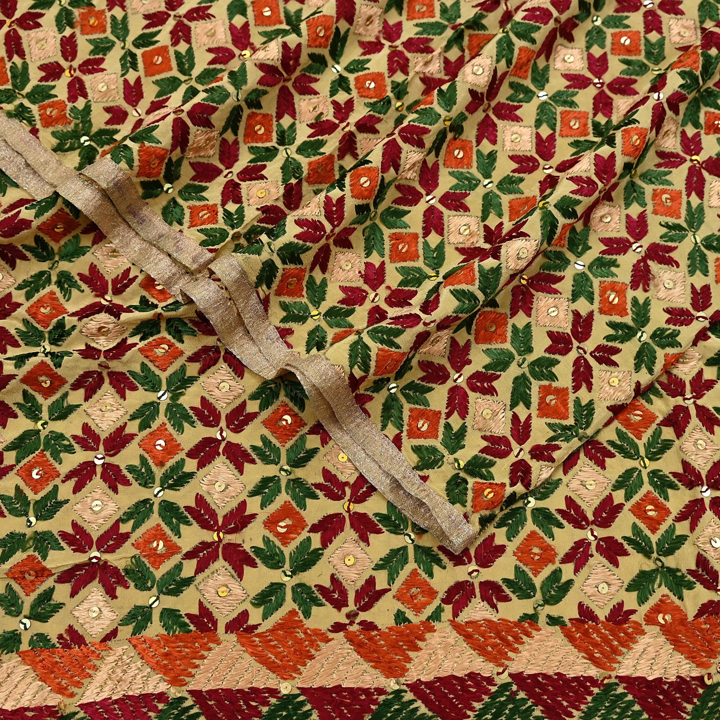 Indian Vintage Beige Heavy Wedding Dupatta Long Stole Crepe Silk Hand Embroidered Bagh Phulkari Stole Scarves