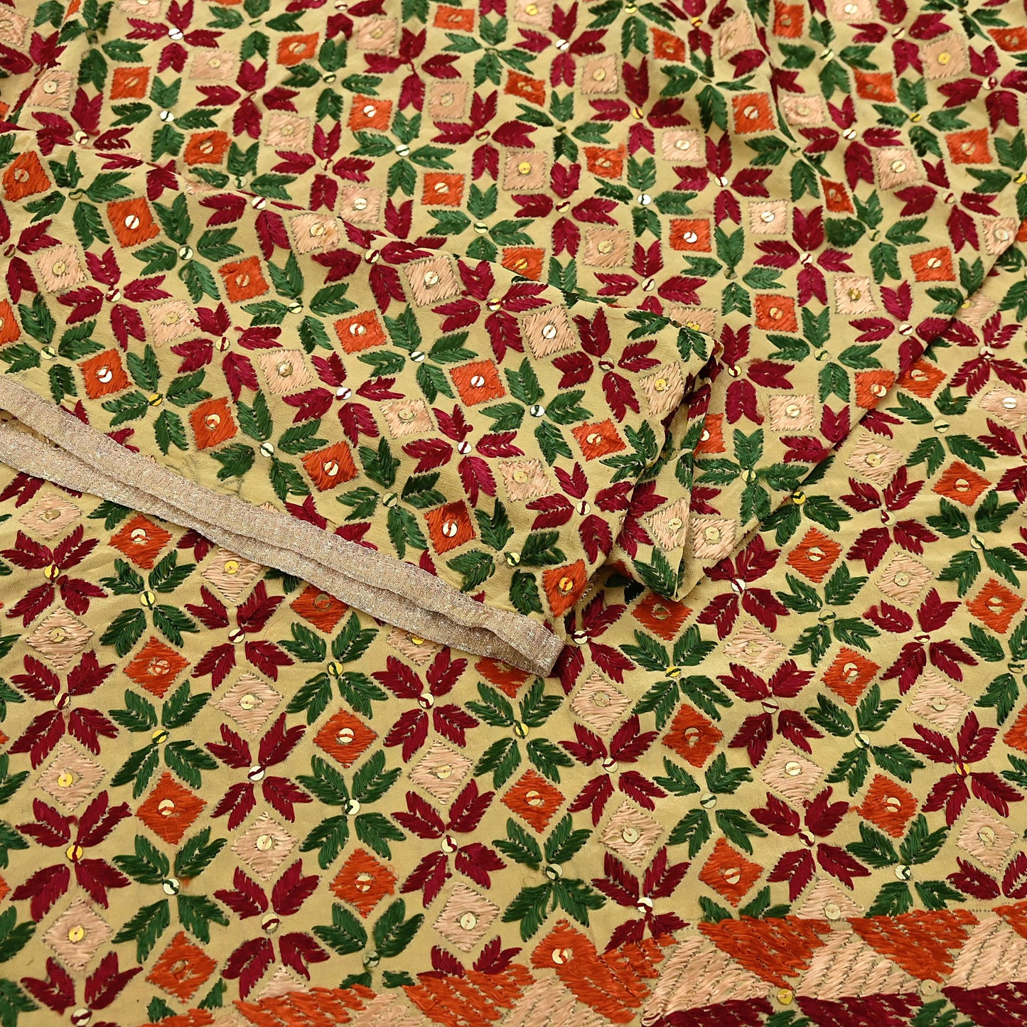 Indian Vintage Beige Heavy Wedding Dupatta Long Stole Crepe Silk Hand Embroidered Bagh Phulkari Stole Scarves