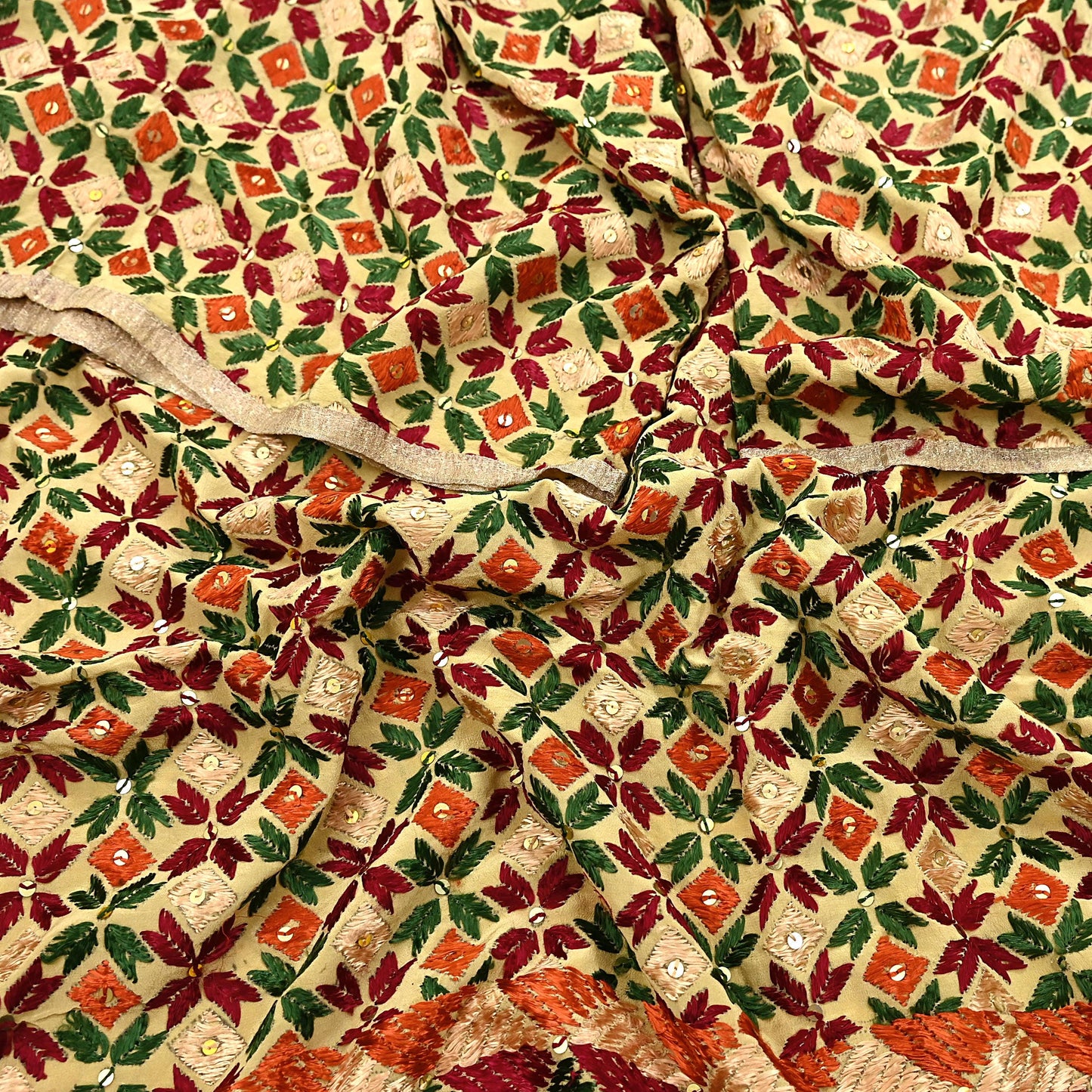 Indian Vintage Beige Heavy Wedding Dupatta Long Stole Crepe Silk Hand Embroidered Bagh Phulkari Stole Scarves