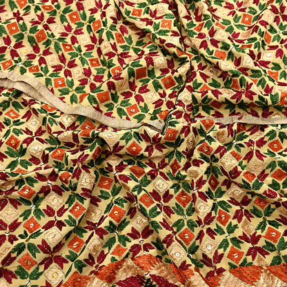 Indian Vintage Beige Heavy Wedding Dupatta Long Stole Crepe Silk Hand Embroidered Bagh Phulkari Stole Scarves