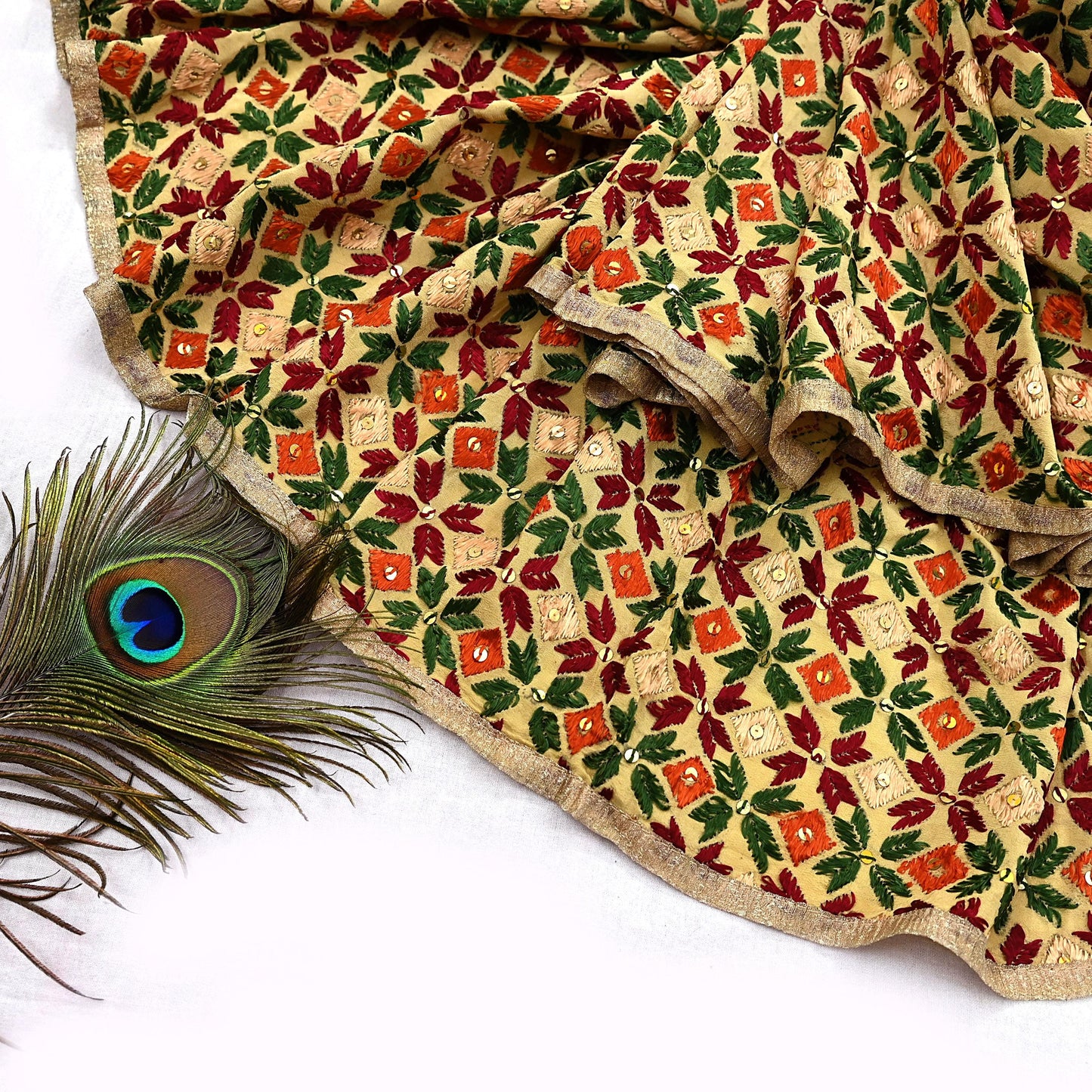 Indian Vintage Beige Heavy Wedding Dupatta Long Stole Crepe Silk Hand Embroidered Bagh Phulkari Stole Scarves