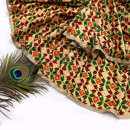 Indian Vintage Beige Heavy Wedding Dupatta Long Stole Crepe Silk Hand Embroidered Bagh Phulkari Stole Scarves