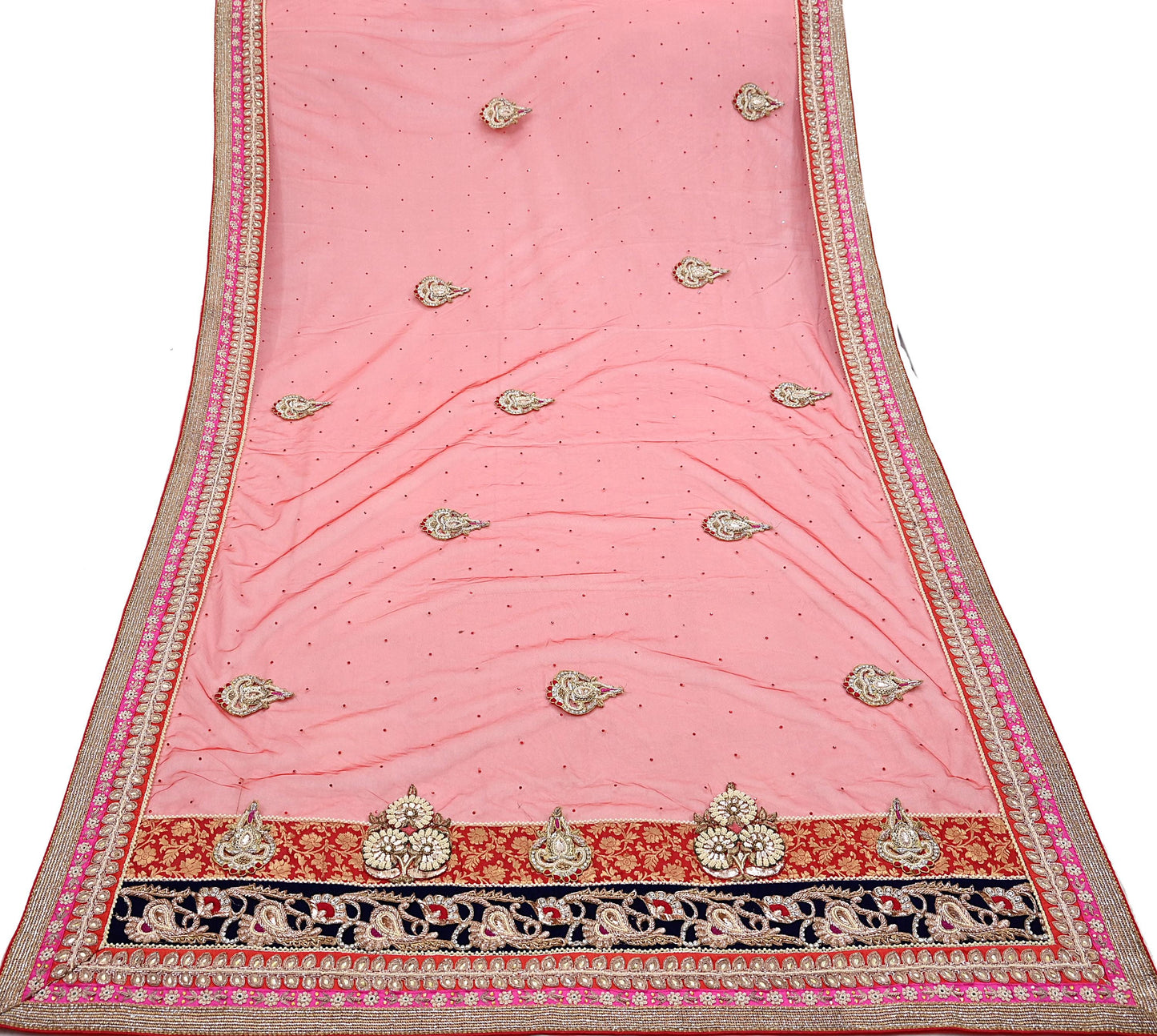 Indian Vintage Heavy Bridal Red Dupatta Net Mesh Long Stole Hand Embroidered Scarves Golden Zardozi Dabka Zari Sequins Wedding Veil Hijab