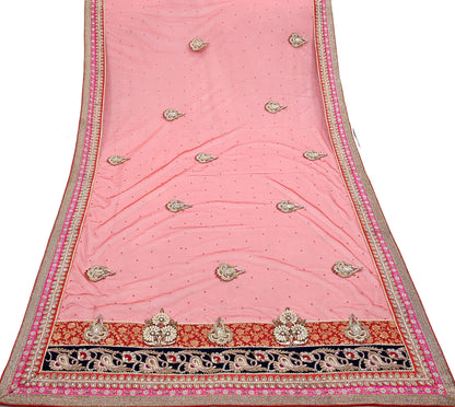 Indian Vintage Heavy Bridal Red Dupatta Net Mesh Long Stole Hand Embroidered Scarves Golden Zardozi Dabka Zari Sequins Wedding Veil Hijab