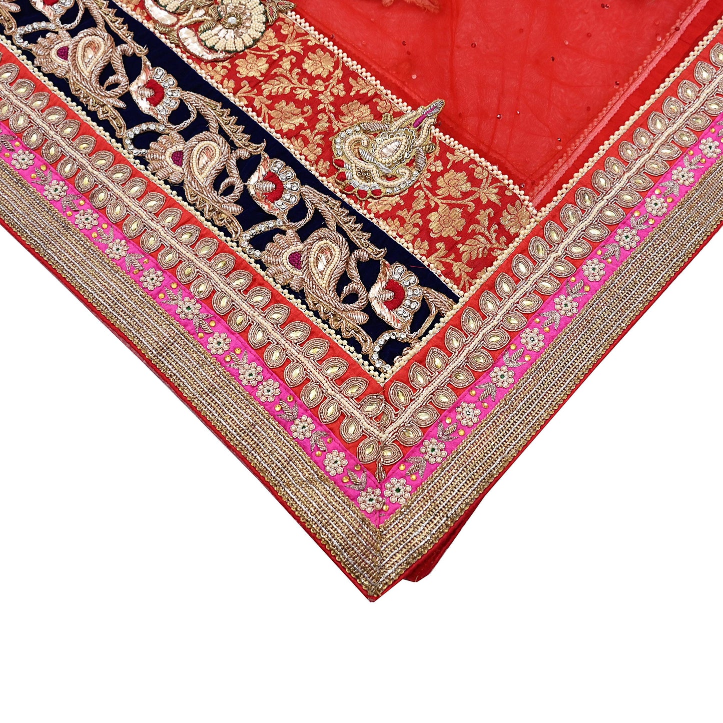 Indian Vintage Heavy Bridal Red Dupatta Net Mesh Long Stole Hand Embroidered Scarves Golden Zardozi Dabka Zari Sequins Wedding Veil Hijab