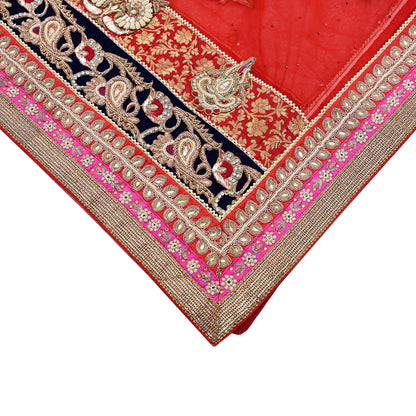 Indian Vintage Heavy Bridal Red Dupatta Net Mesh Long Stole Hand Embroidered Scarves Golden Zardozi Dabka Zari Sequins Wedding Veil Hijab