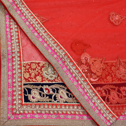 Indian Vintage Heavy Bridal Red Dupatta Net Mesh Long Stole Hand Embroidered Scarves Golden Zardozi Dabka Zari Sequins Wedding Veil Hijab