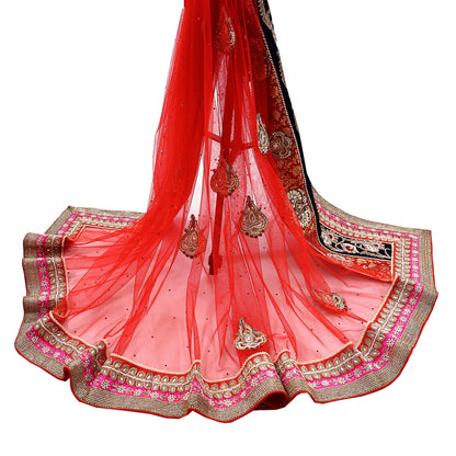 Indian Vintage Heavy Bridal Red Dupatta Net Mesh Long Stole Hand Embroidered Scarves Golden Zardozi Dabka Zari Sequins Wedding Veil Hijab