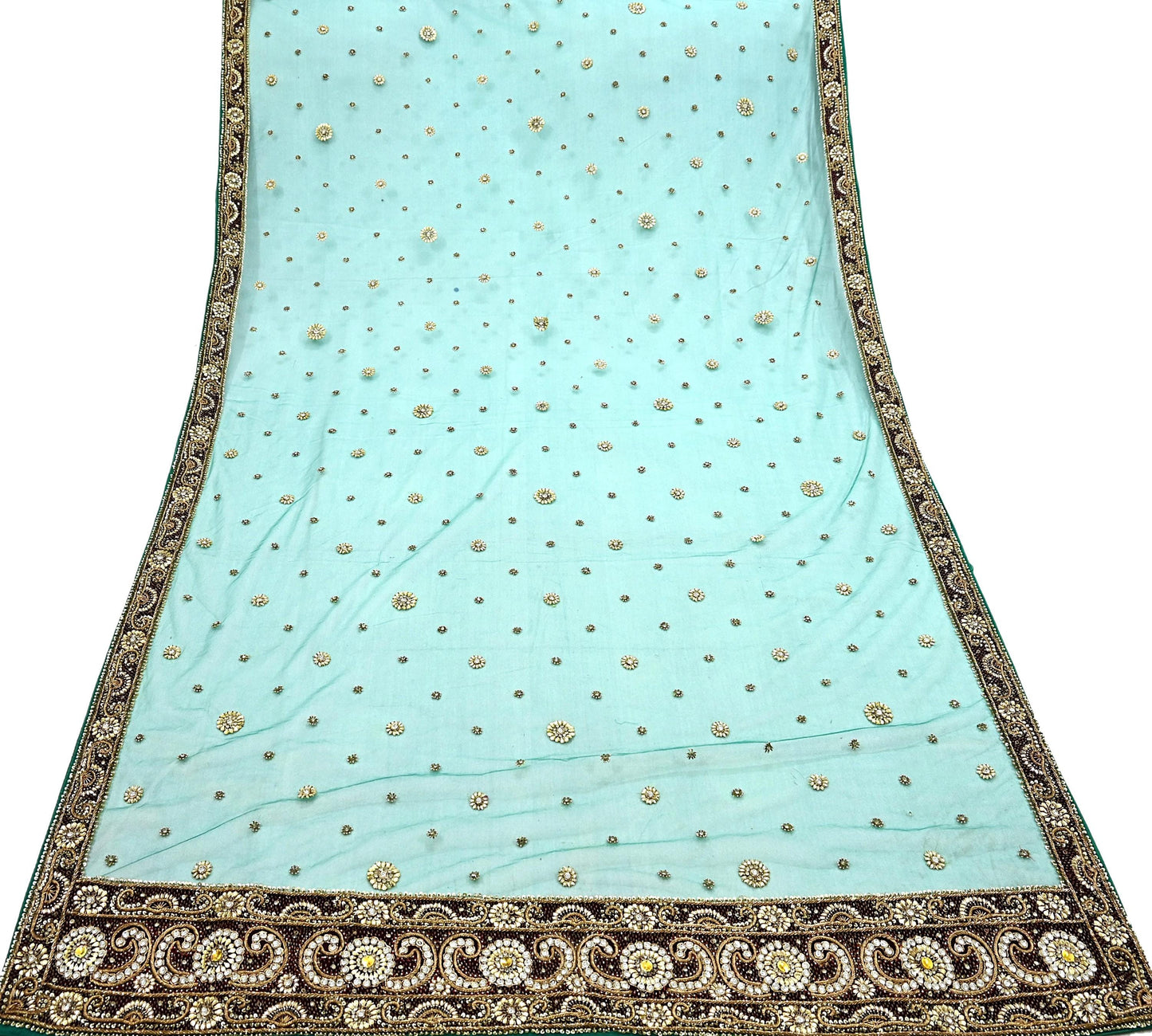 Indian Vintage Heavy Bridal Green Dupatta Net Mesh Long Stole Hand Embroidered Scarf Zardozi Zari Sequins Wedding Stole Veil hijab