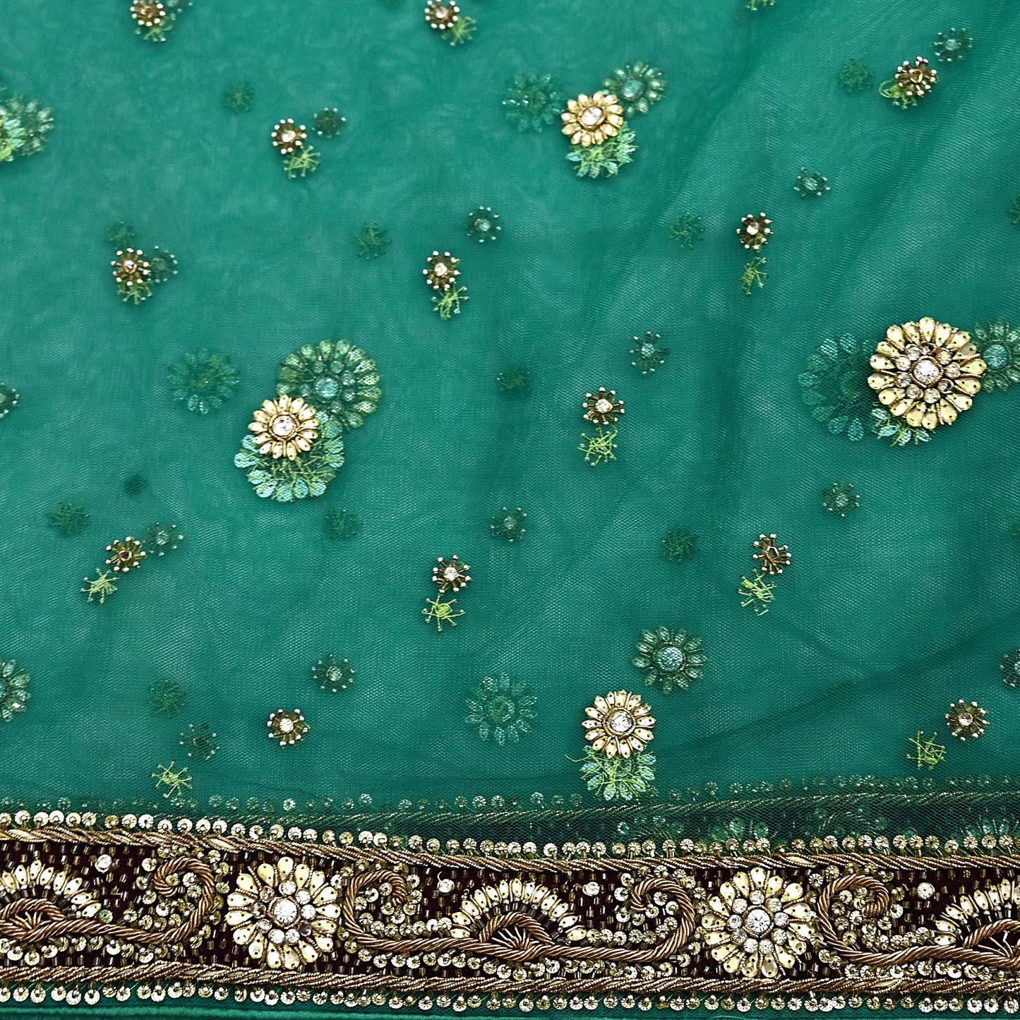 Indian Vintage Heavy Bridal Green Dupatta Net Mesh Long Stole Hand Embroidered Scarf Zardozi Zari Sequins Wedding Stole Veil hijab