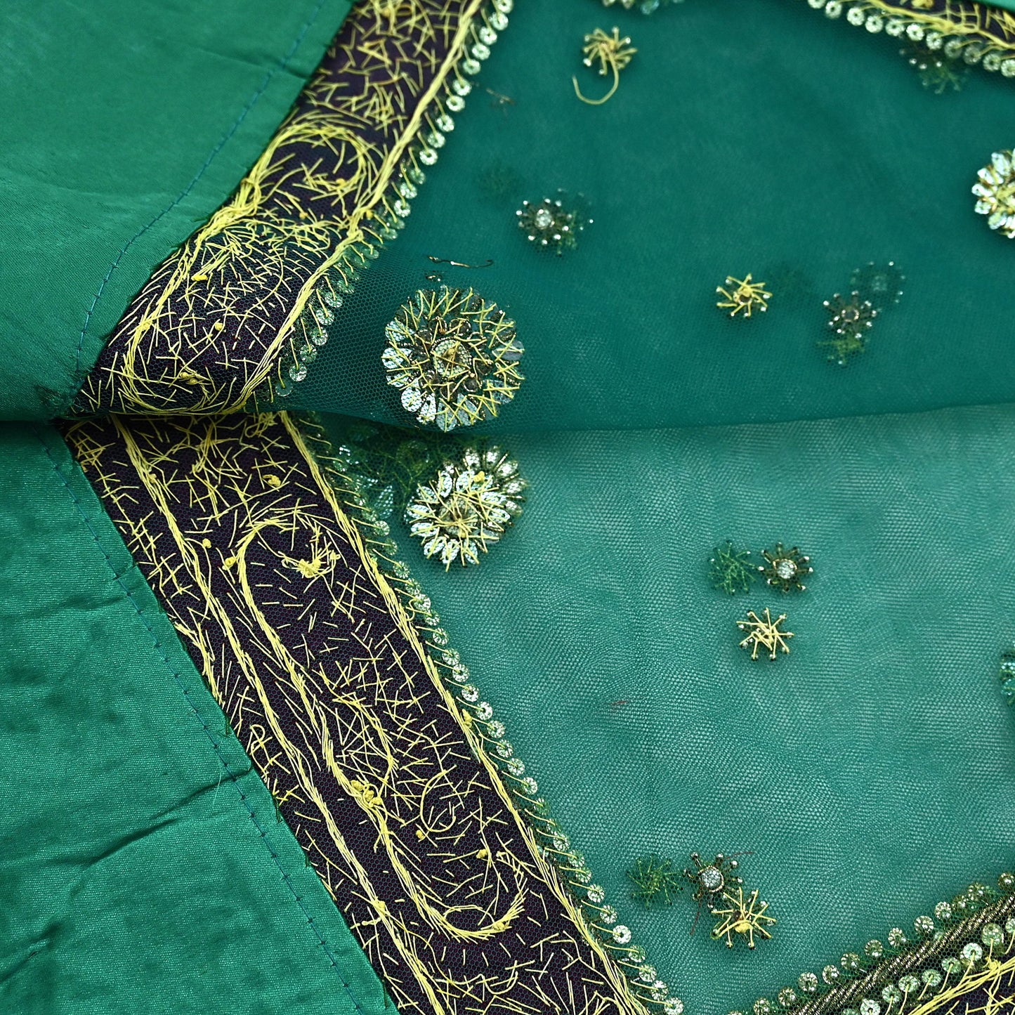 Indian Vintage Heavy Bridal Green Dupatta Net Mesh Long Stole Hand Embroidered Scarf Zardozi Zari Sequins Wedding Stole Veil hijab