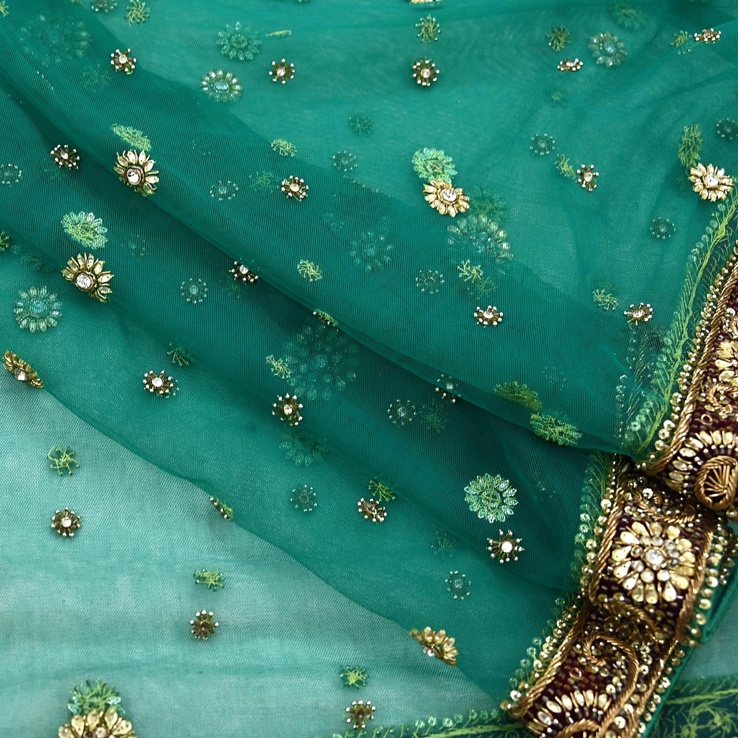Indian Vintage Heavy Bridal Green Dupatta Net Mesh Long Stole Hand Embroidered Scarf Zardozi Zari Sequins Wedding Stole Veil hijab