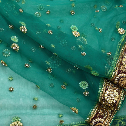 Indian Vintage Heavy Bridal Green Dupatta Net Mesh Long Stole Hand Embroidered Scarf Zardozi Zari Sequins Wedding Stole Veil hijab