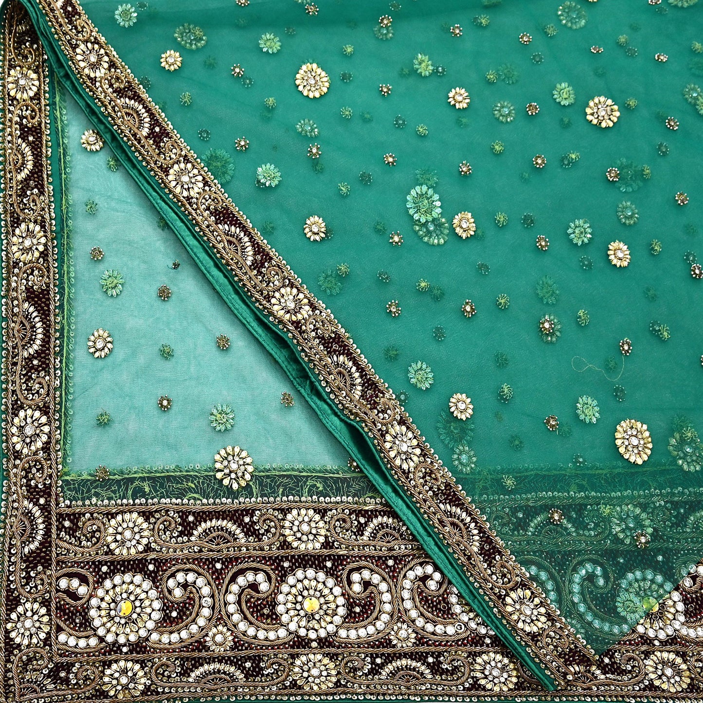 Indian Vintage Heavy Bridal Green Dupatta Net Mesh Long Stole Hand Embroidered Scarf Zardozi Zari Sequins Wedding Stole Veil hijab