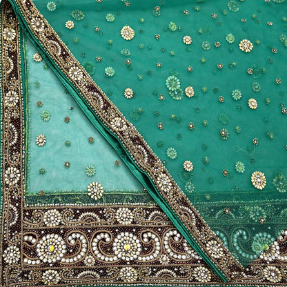 Indian Vintage Heavy Bridal Green Dupatta Net Mesh Long Stole Hand Embroidered Scarf Zardozi Zari Sequins Wedding Stole Veil hijab