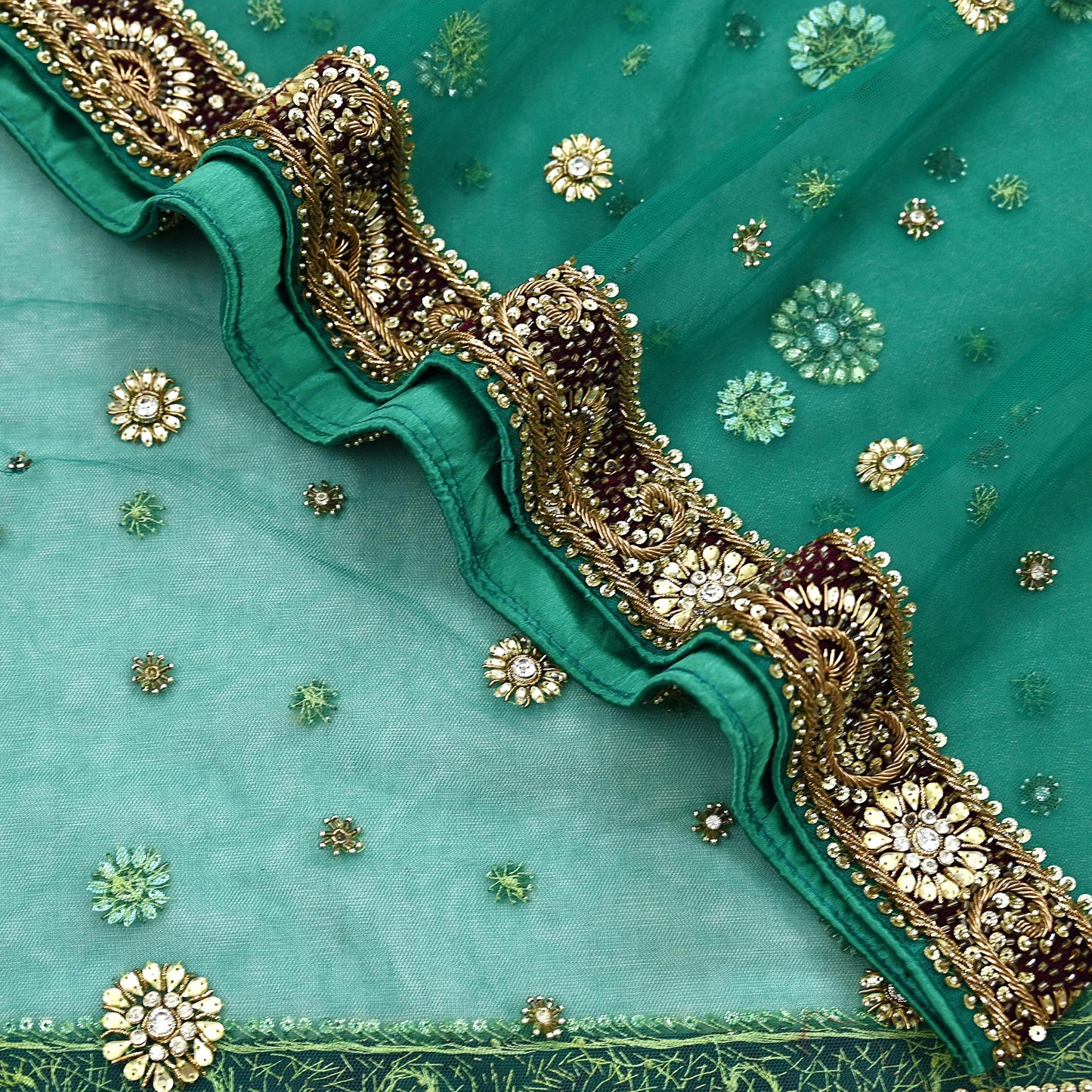 Indian Vintage Heavy Bridal Green Dupatta Net Mesh Long Stole Hand Embroidered Scarf Zardozi Zari Sequins Wedding Stole Veil hijab