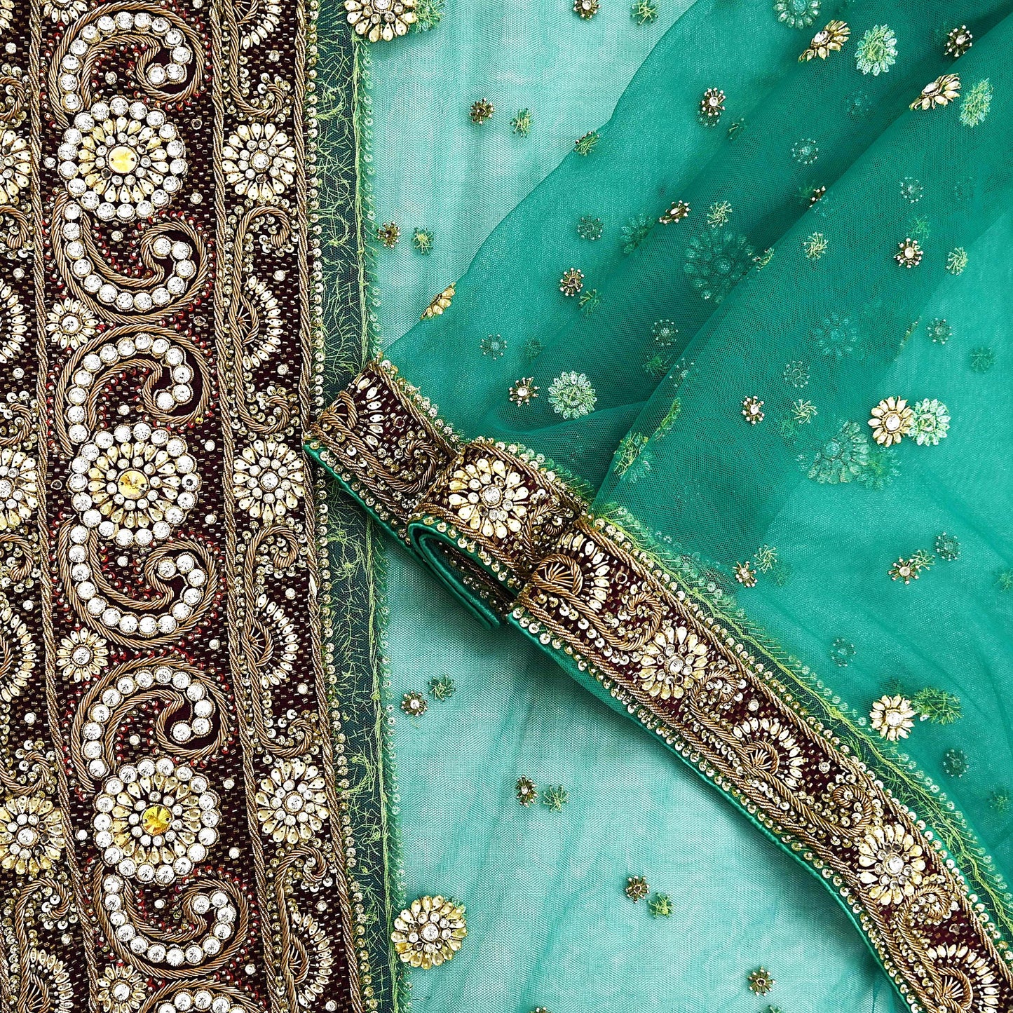 Indian Vintage Heavy Bridal Green Dupatta Net Mesh Long Stole Hand Embroidered Scarf Zardozi Zari Sequins Wedding Stole Veil hijab