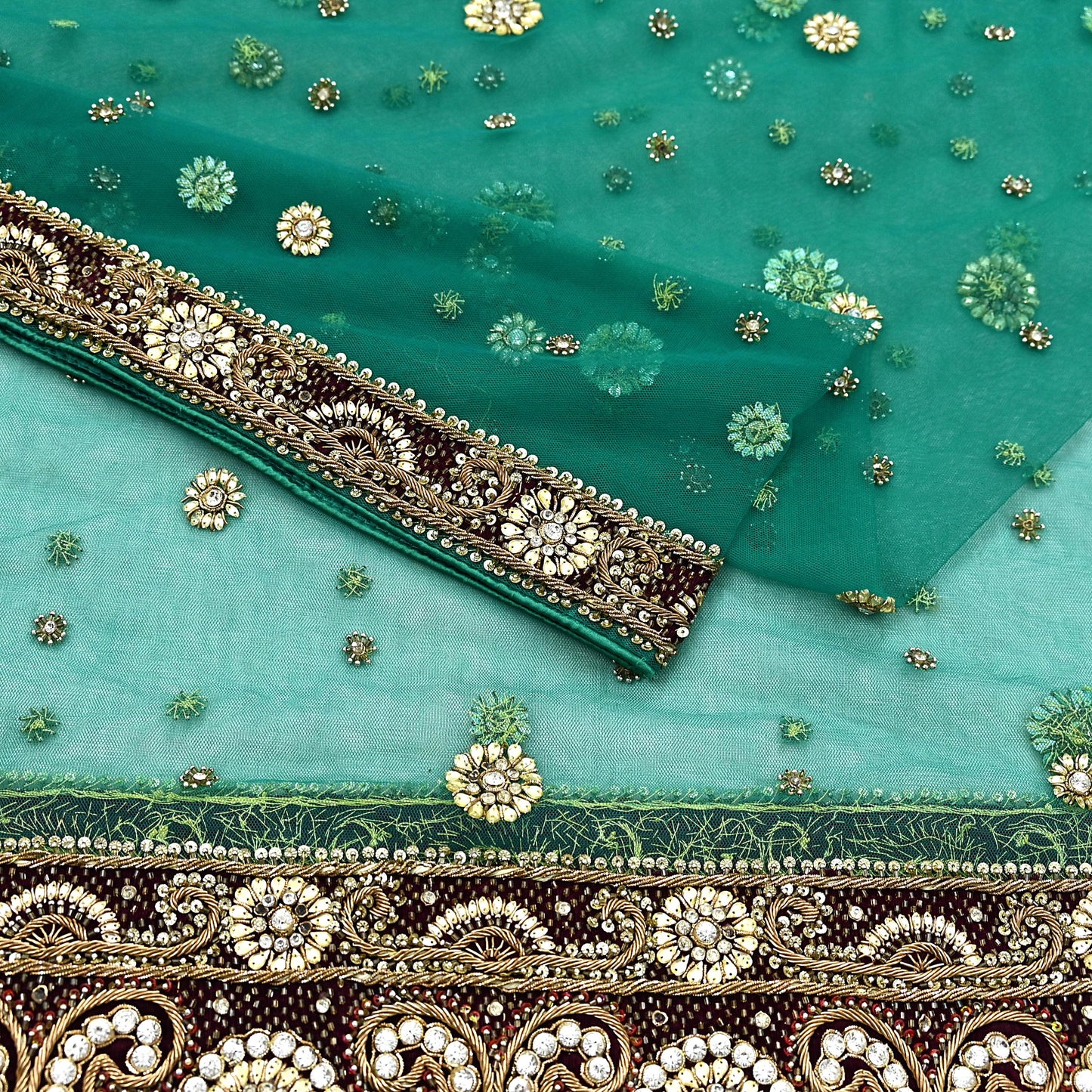 Indian Vintage Heavy Bridal Green Dupatta Net Mesh Long Stole Hand Embroidered Scarf Zardozi Zari Sequins Wedding Stole Veil hijab