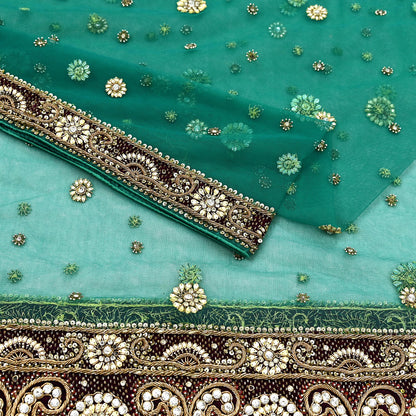 Indian Vintage Heavy Bridal Green Dupatta Net Mesh Long Stole Hand Embroidered Scarf Zardozi Zari Sequins Wedding Stole Veil hijab