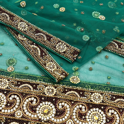 Indian Vintage Heavy Bridal Green Dupatta Net Mesh Long Stole Hand Embroidered Scarf Zardozi Zari Sequins Wedding Stole Veil hijab