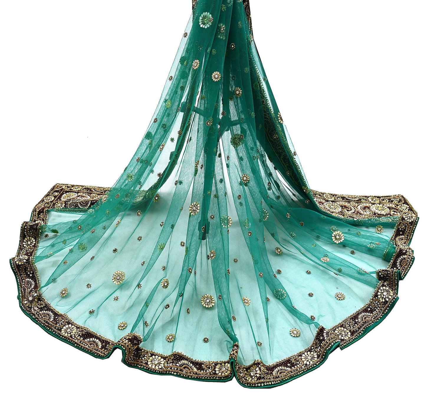Indian Vintage Heavy Bridal Green Dupatta Net Mesh Long Stole Hand Embroidered Scarf Zardozi Zari Sequins Wedding Stole Veil hijab