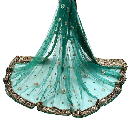 Indian Vintage Heavy Bridal Green Dupatta Net Mesh Long Stole Hand Embroidered Scarf Zardozi Zari Sequins Wedding Stole Veil hijab