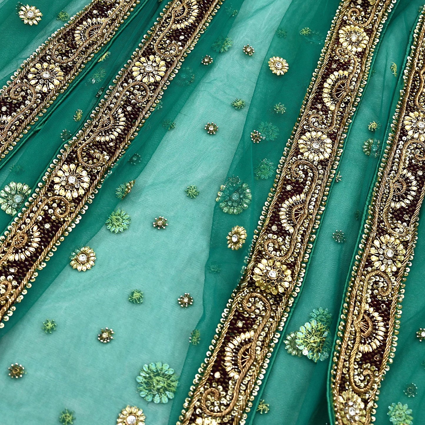 Indian Vintage Heavy Bridal Green Dupatta Net Mesh Long Stole Hand Embroidered Scarf Zardozi Zari Sequins Wedding Stole Veil hijab