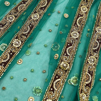 Indian Vintage Heavy Bridal Green Dupatta Net Mesh Long Stole Hand Embroidered Scarf Zardozi Zari Sequins Wedding Stole Veil hijab