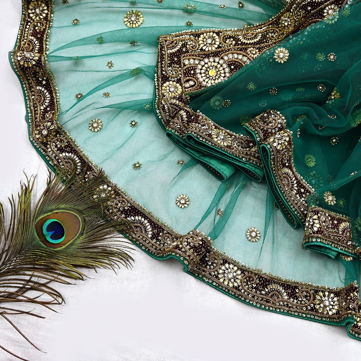 Indian Vintage Heavy Bridal Green Dupatta Net Mesh Long Stole Hand Embroidered Scarf Zardozi Zari Sequins Wedding Stole Veil hijab