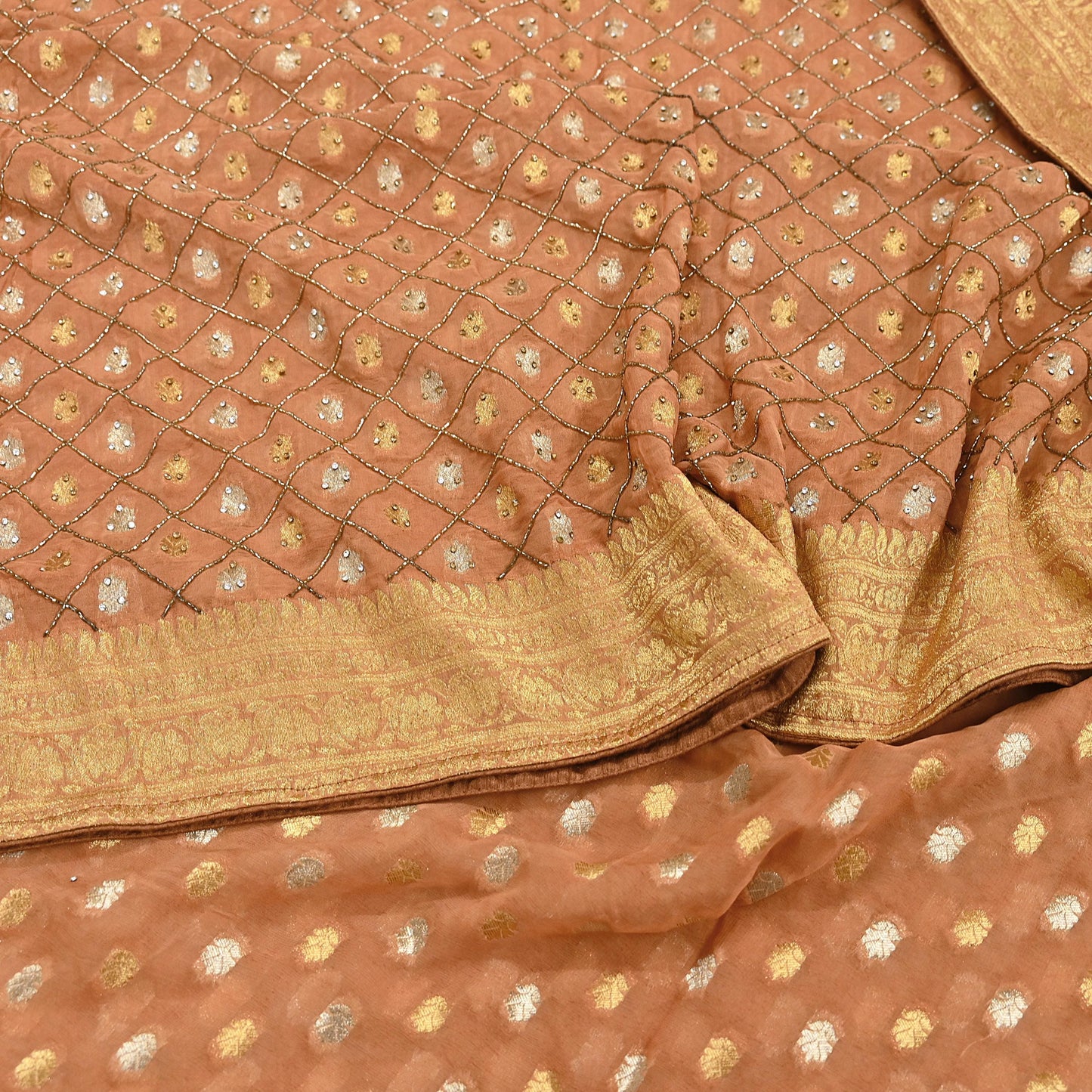Heavy Saffron Saree Blend Georgette Hand Embroidered Sari Craft Fabric 5Yd Soft Ethnic Zari with Matching Blouse fabric