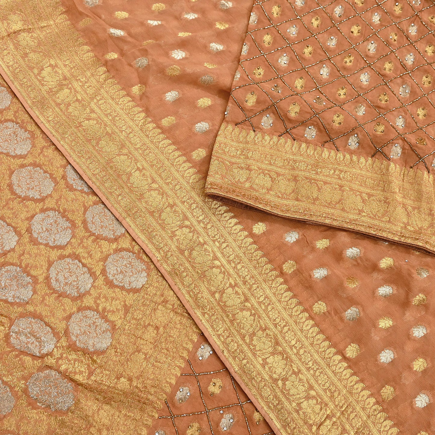 Heavy Saffron Saree Blend Georgette Hand Embroidered Sari Craft Fabric 5Yd Soft Ethnic Zari with Matching Blouse fabric