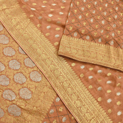 Heavy Saffron Saree Blend Georgette Hand Embroidered Sari Craft Fabric 5Yd Soft Ethnic Zari with Matching Blouse fabric