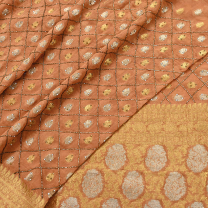 Heavy Saffron Saree Blend Georgette Hand Embroidered Sari Craft Fabric 5Yd Soft Ethnic Zari with Matching Blouse fabric