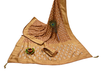 Heavy Saffron Saree Blend Georgette Hand Embroidered Sari Craft Fabric 5Yd Soft Ethnic Zari with Matching Blouse fabric
