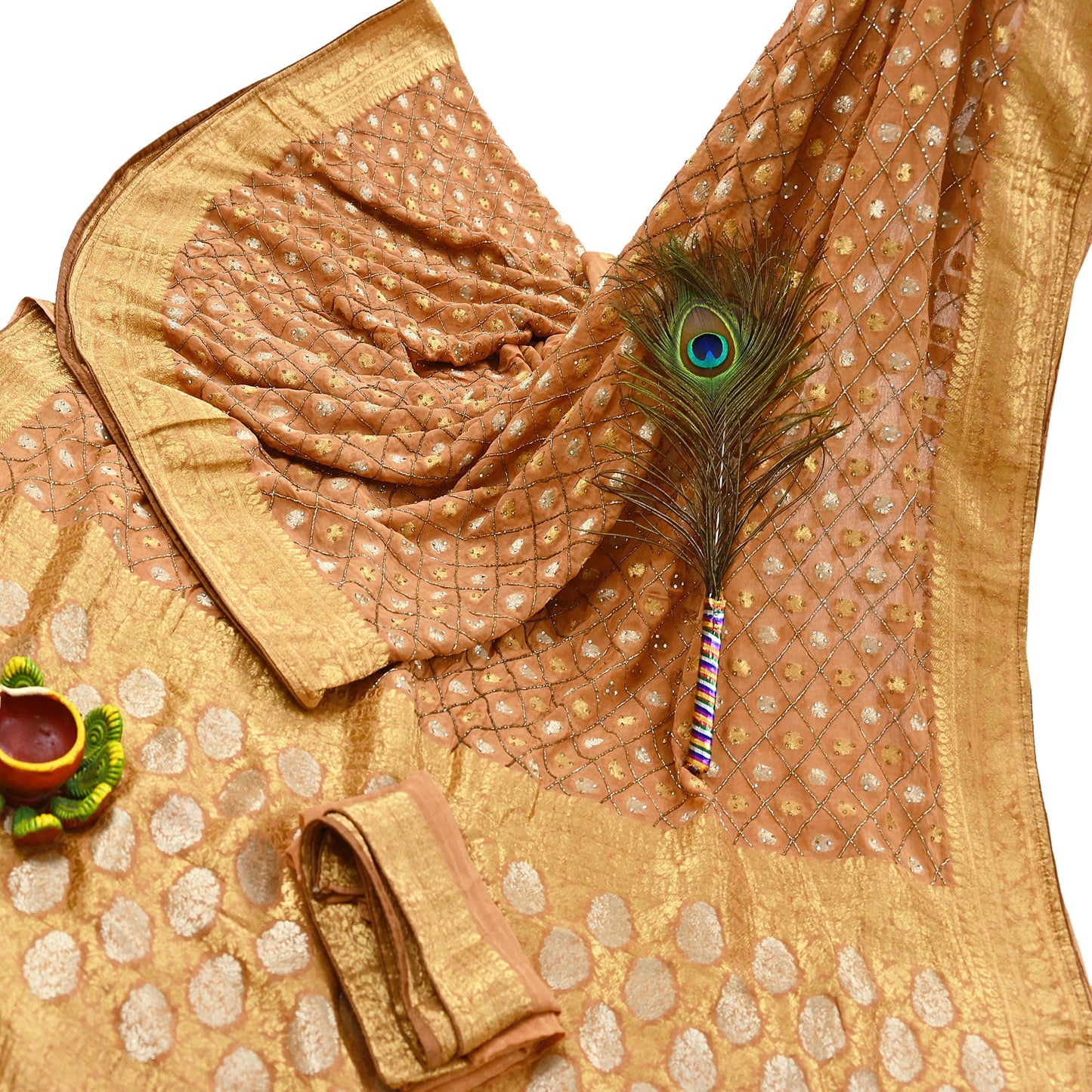 Heavy Saffron Saree Blend Georgette Hand Embroidered Sari Craft Fabric 5Yd Soft Ethnic Zari with Matching Blouse fabric