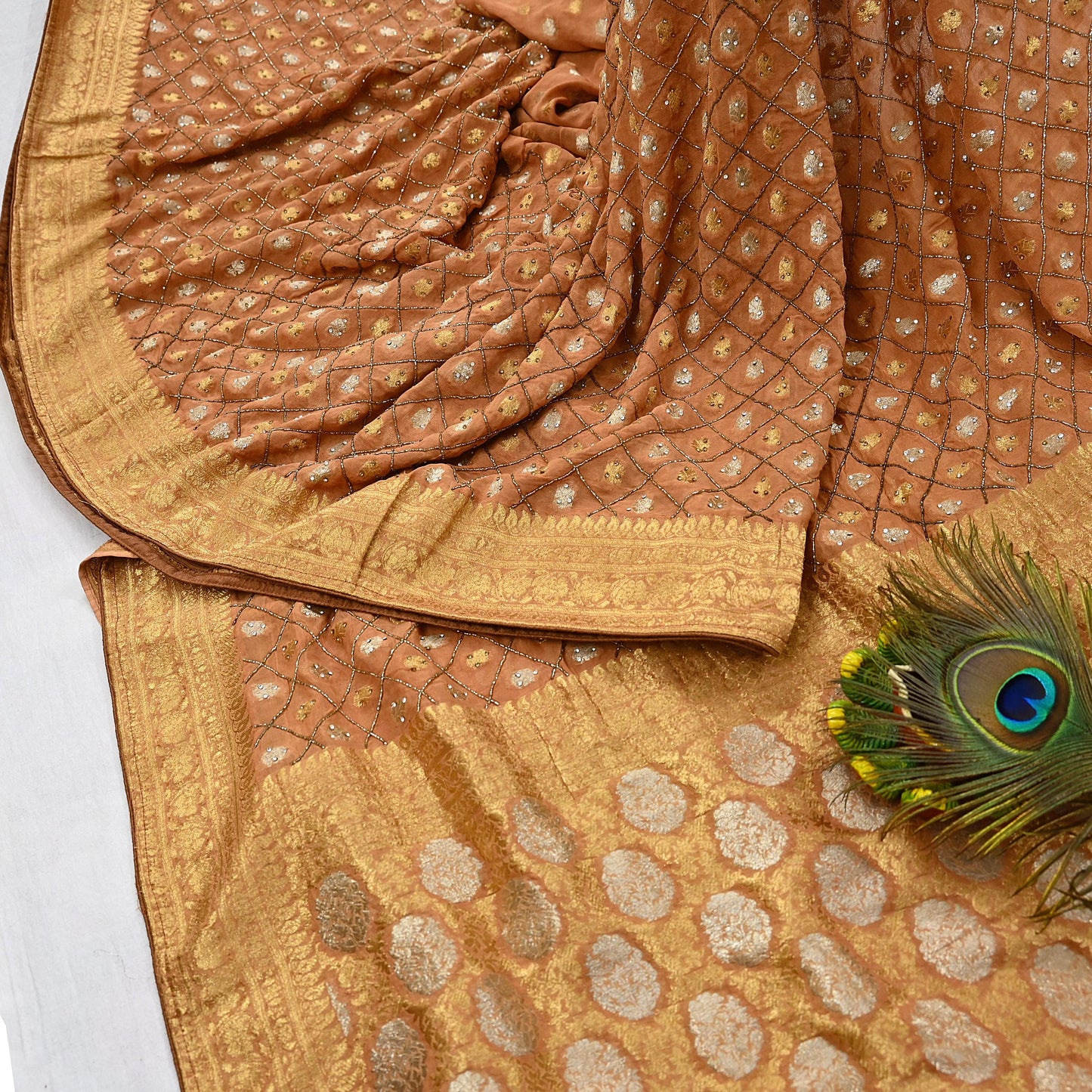 Heavy Saffron Saree Blend Georgette Hand Embroidered Sari Craft Fabric 5Yd Soft Ethnic Zari with Matching Blouse fabric