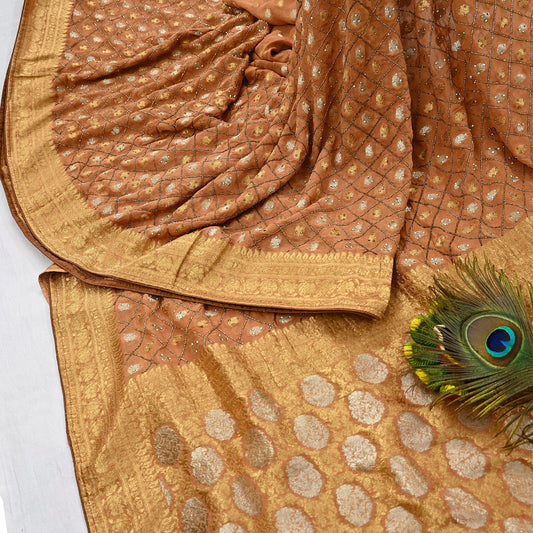 Heavy Saffron Saree Blend Georgette Hand Embroidered Sari Craft Fabric 5Yd Soft Ethnic Zari with Matching Blouse fabric