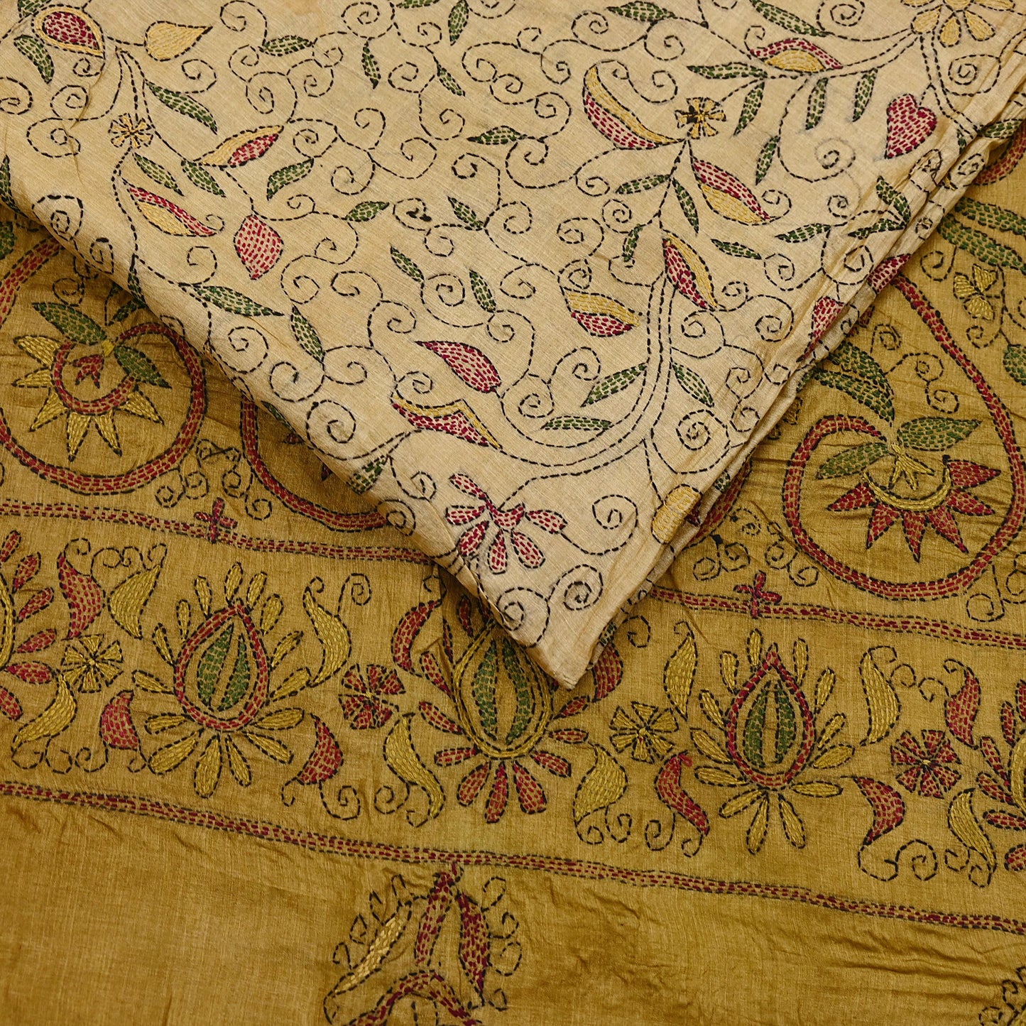 Indian Vintage Beige & Green Saree 100% Pure Silk Hand Embroidered Kantha Sari Fabric 5Yd Sewing Floral Sequin
