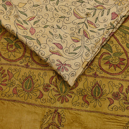 Indian Vintage Beige & Green Saree 100% Pure Silk Hand Embroidered Kantha Sari Fabric 5Yd Sewing Floral Sequin
