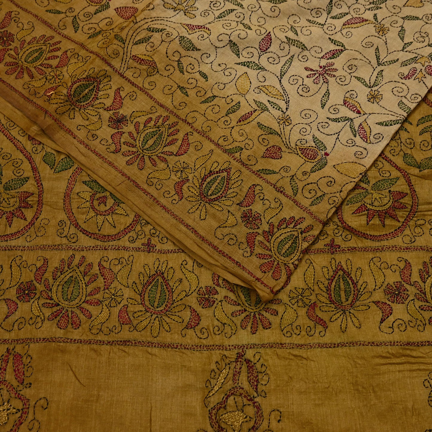 Indian Vintage Beige & Green Saree 100% Pure Silk Hand Embroidered Kantha Sari Fabric 5Yd Sewing Floral Sequin