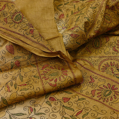 Indian Vintage Beige & Green Saree 100% Pure Silk Hand Embroidered Kantha Sari Fabric 5Yd Sewing Floral Sequin