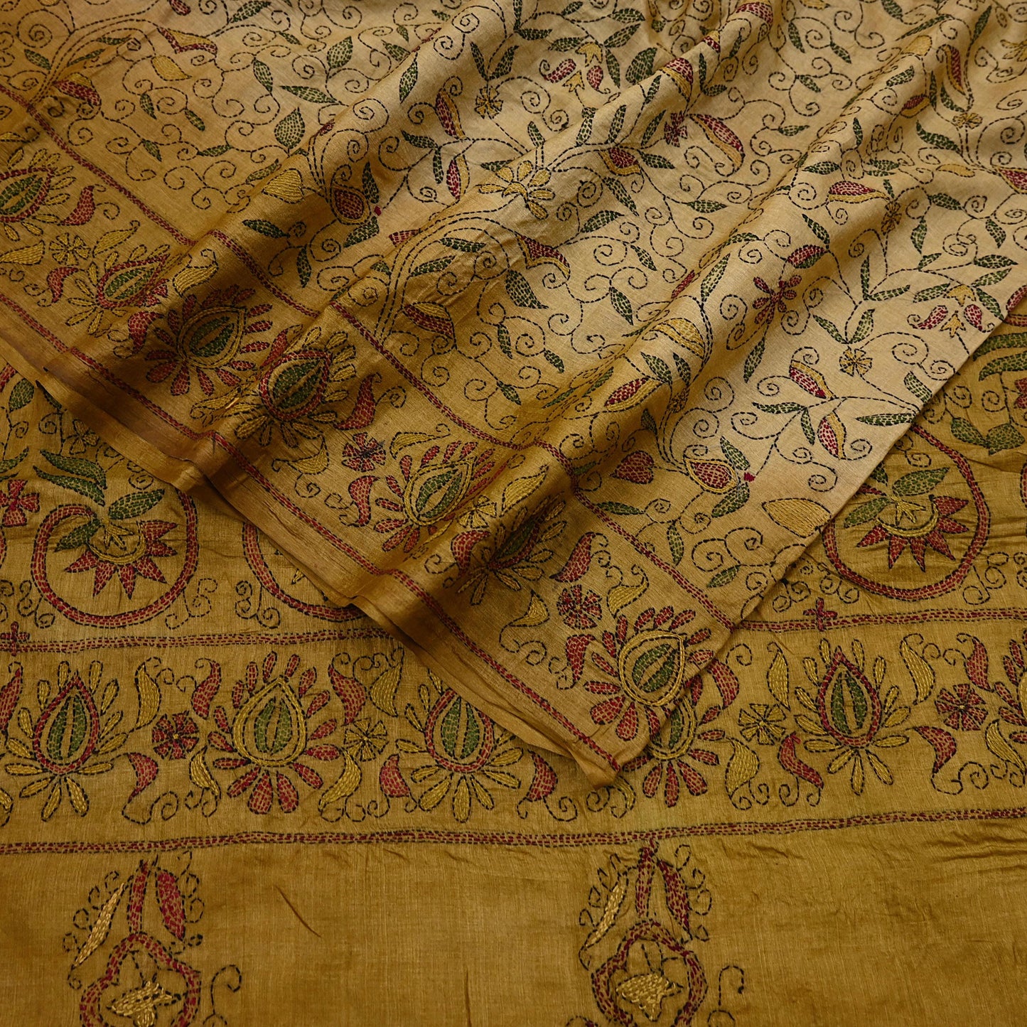 Indian Vintage Beige & Green Saree 100% Pure Silk Hand Embroidered Kantha Sari Fabric 5Yd Sewing Floral Sequin