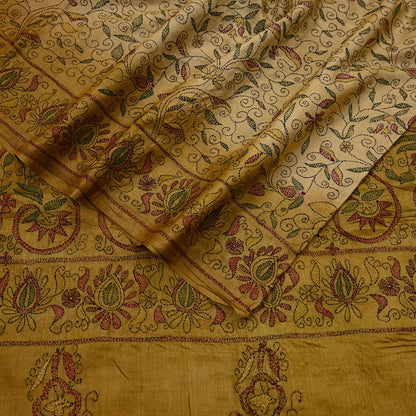 Indian Vintage Beige & Green Saree 100% Pure Silk Hand Embroidered Kantha Sari Fabric 5Yd Sewing Floral Sequin